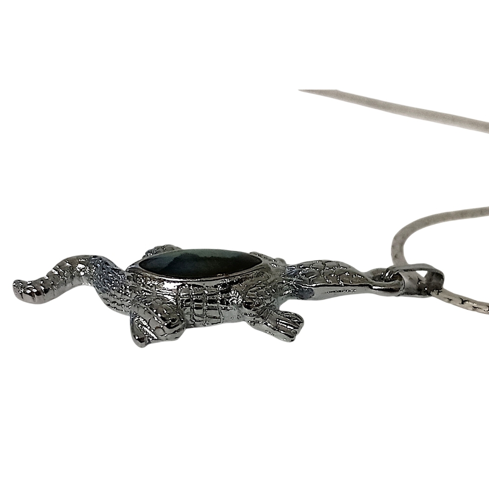 Vintage Lizard Gecko‎ Pendant Necklace Silver Tone Shell Glass Abalone Inlay - Picture 5 of 16